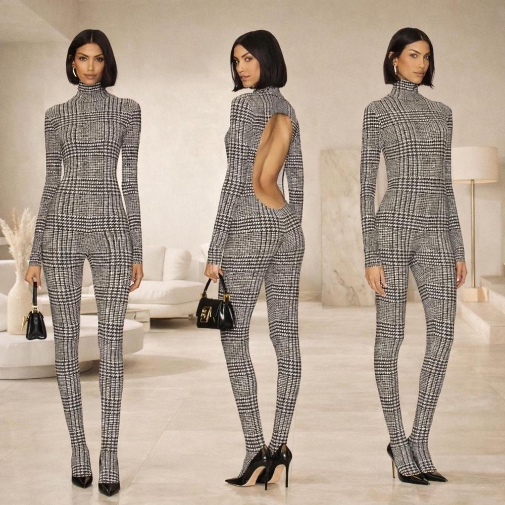 Norma Kamali Tweed Plaid Catsuit L/40
